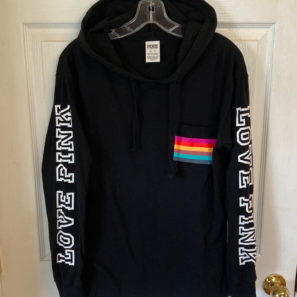 PINK Victoria's Secret Black Hoodie with Rainbow Pocket - Picture 1 of 8